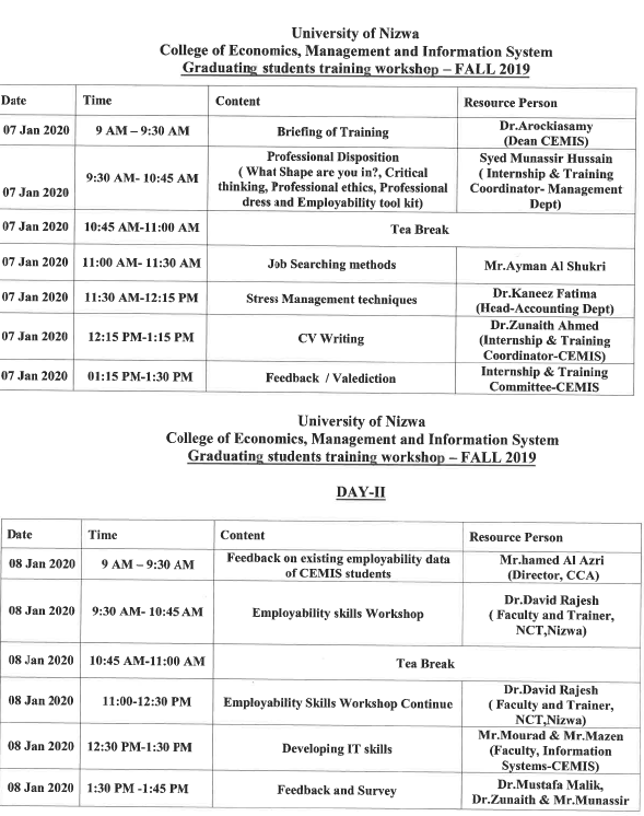 CEMIS Graduating Student Training Program - University of Nizwa